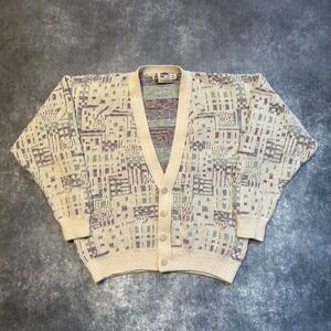 Vintage Abstract Pattern Knit Cardigan Sweater Men's L Made USA London Fog
